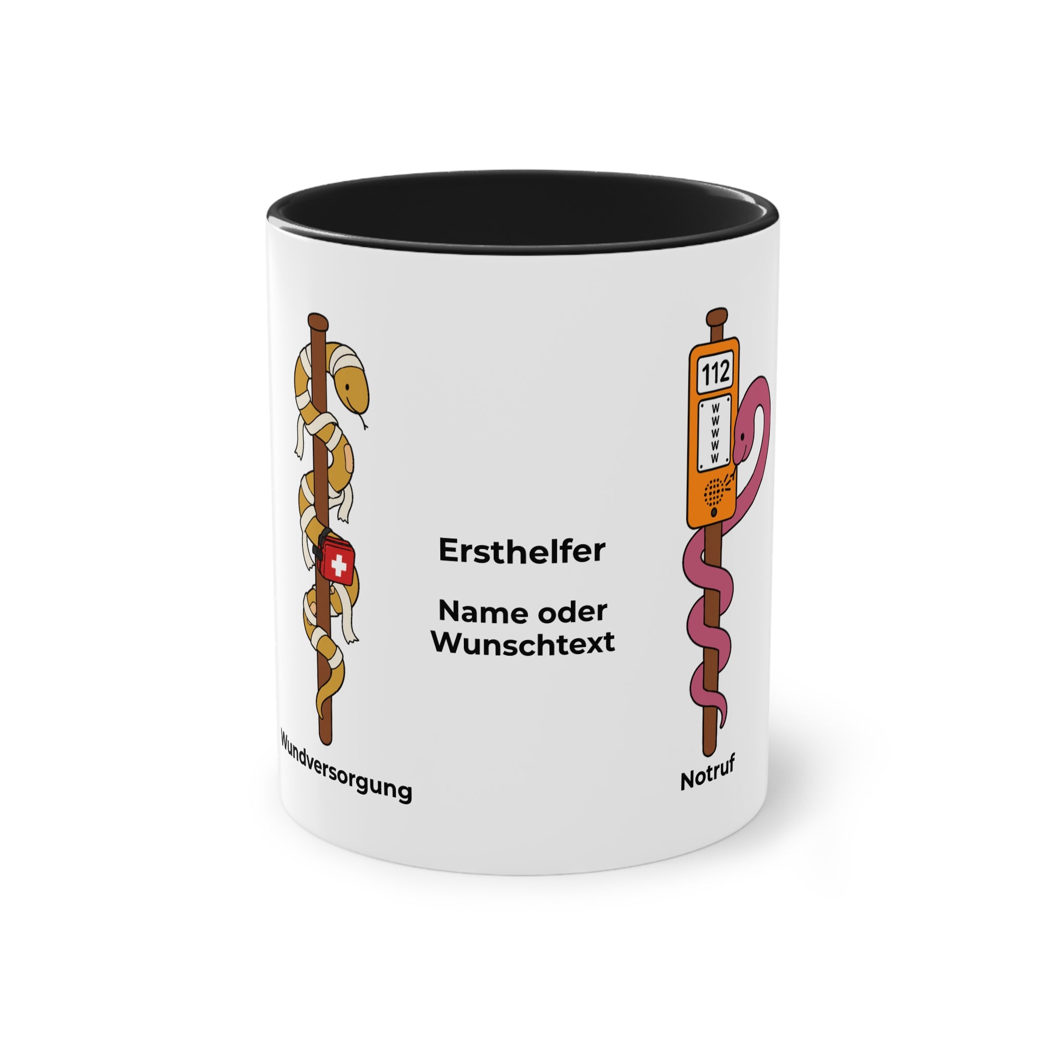 Farbige Tasse des Ersthelfers mit eigenem Text