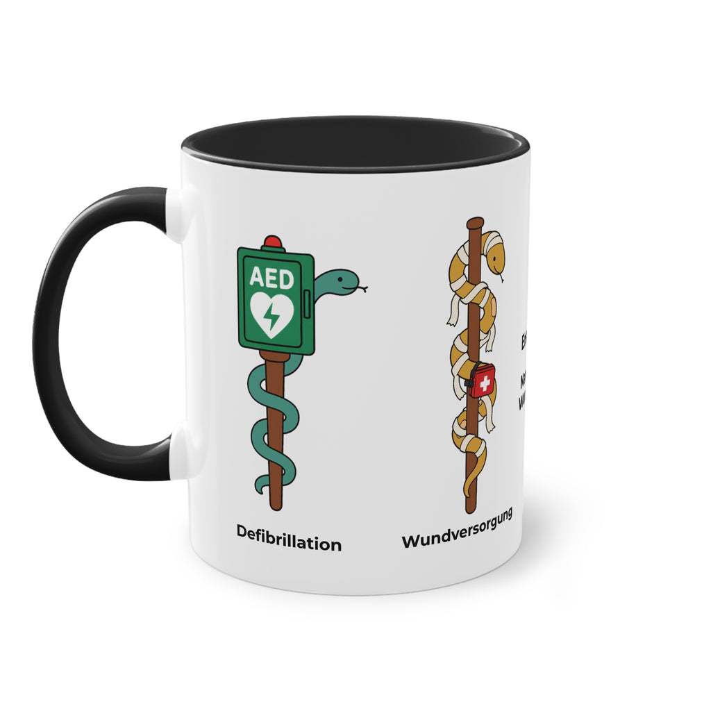 Farbige Tasse des Ersthelfers mit eigenem Text