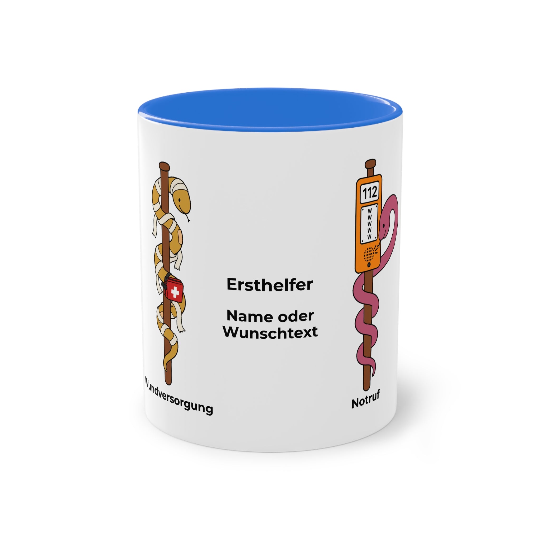 Farbige Tasse des Ersthelfers mit eigenem Text
